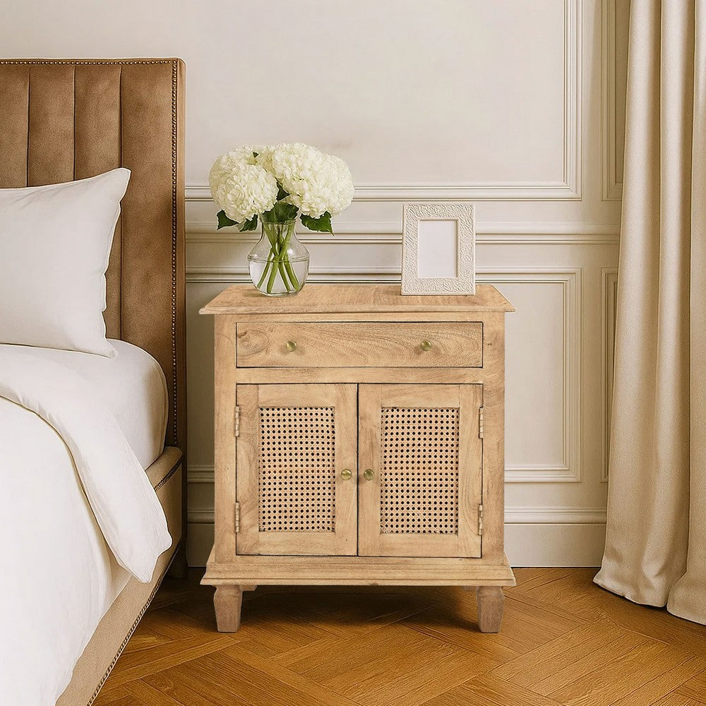 30 Inch Nightstand Table, Rattan Cabinet Doors and Drawer Fronts, Sandblasted Brown Mango Wood - UPT-301721