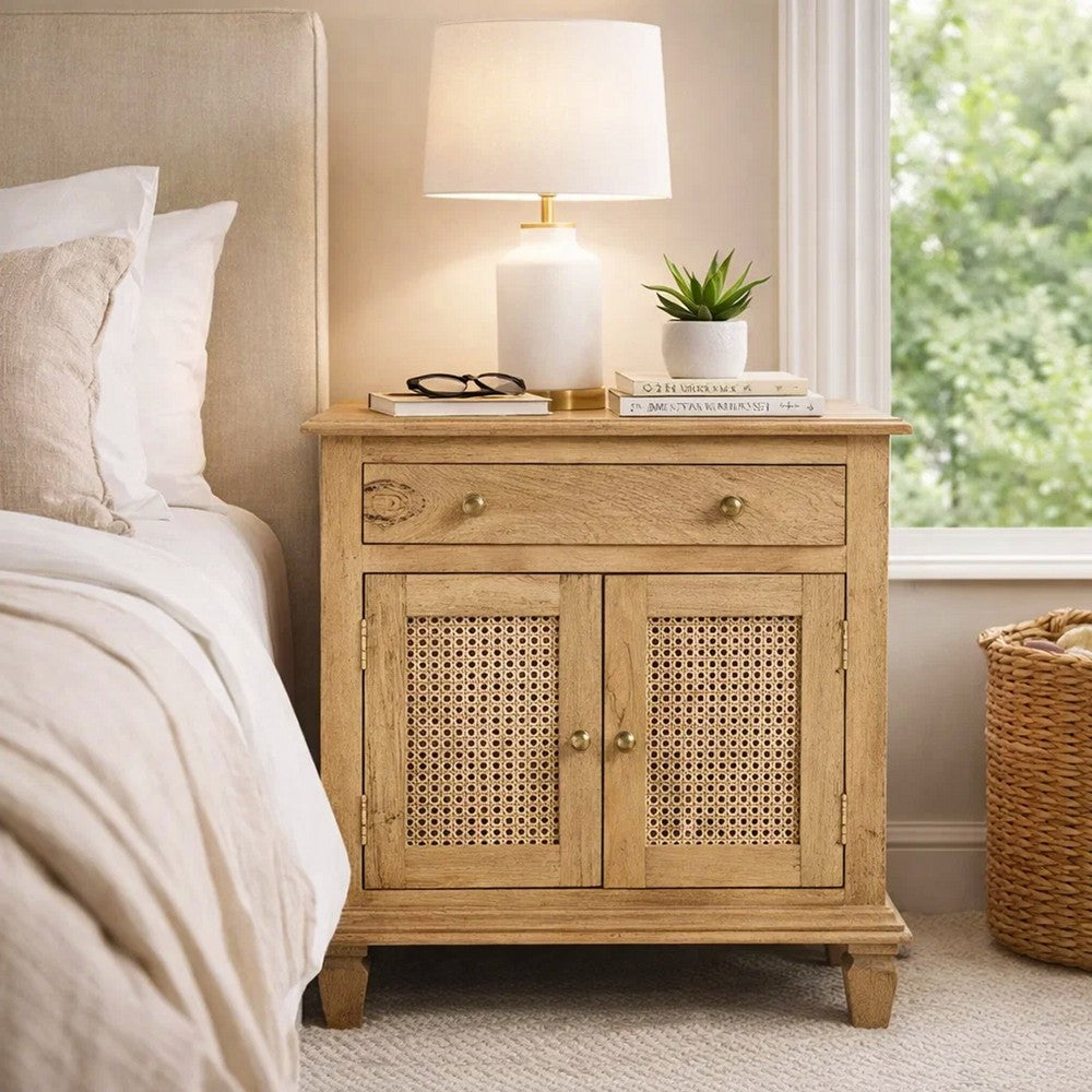 30 Inch Nightstand Table, Rattan Cabinet Doors and Drawer Fronts, Sandblasted Brown Mango Wood - UPT-301721