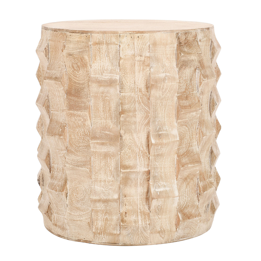 20 Inch Side End Table, Round Drum Shape with 3D Textured Design, Distressed White Finish - UPT-301722