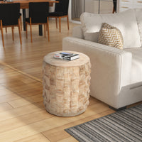 20 Inch Side End Table, Round Drum Shape with 3D Textured Design, Distressed White Finish - UPT-301722