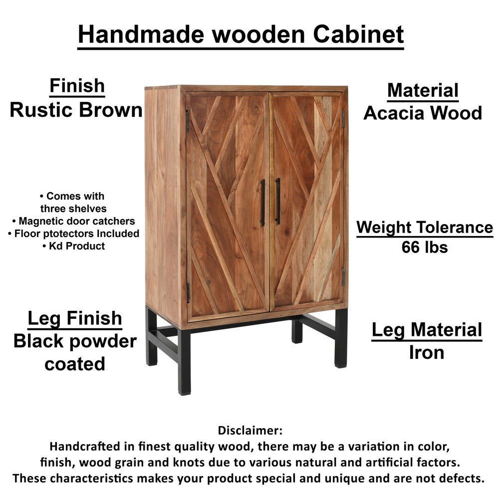 30 Inch Storage Cabinet, Handcrafted Rustic Brown Acacia Wood, Black Iron Legs - UPT-301723