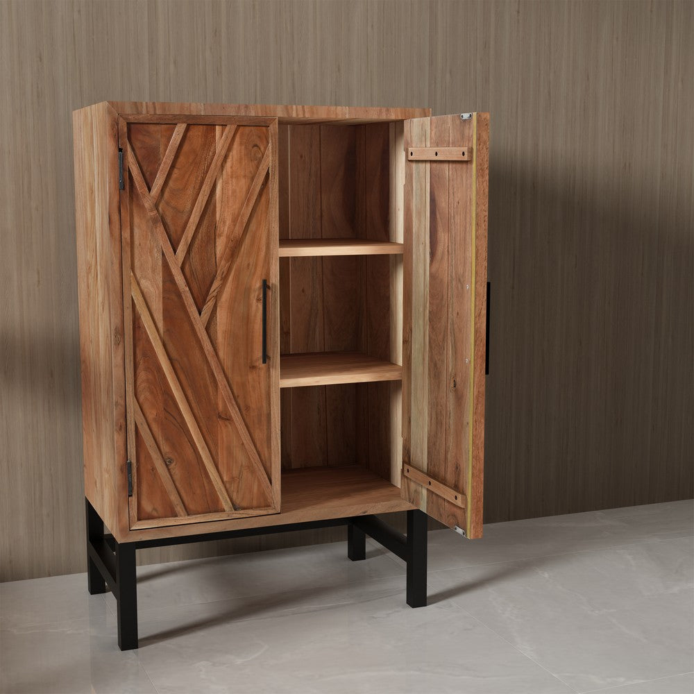 30 Inch Storage Cabinet, Handcrafted Rustic Brown Acacia Wood, Black Iron Legs - UPT-301723