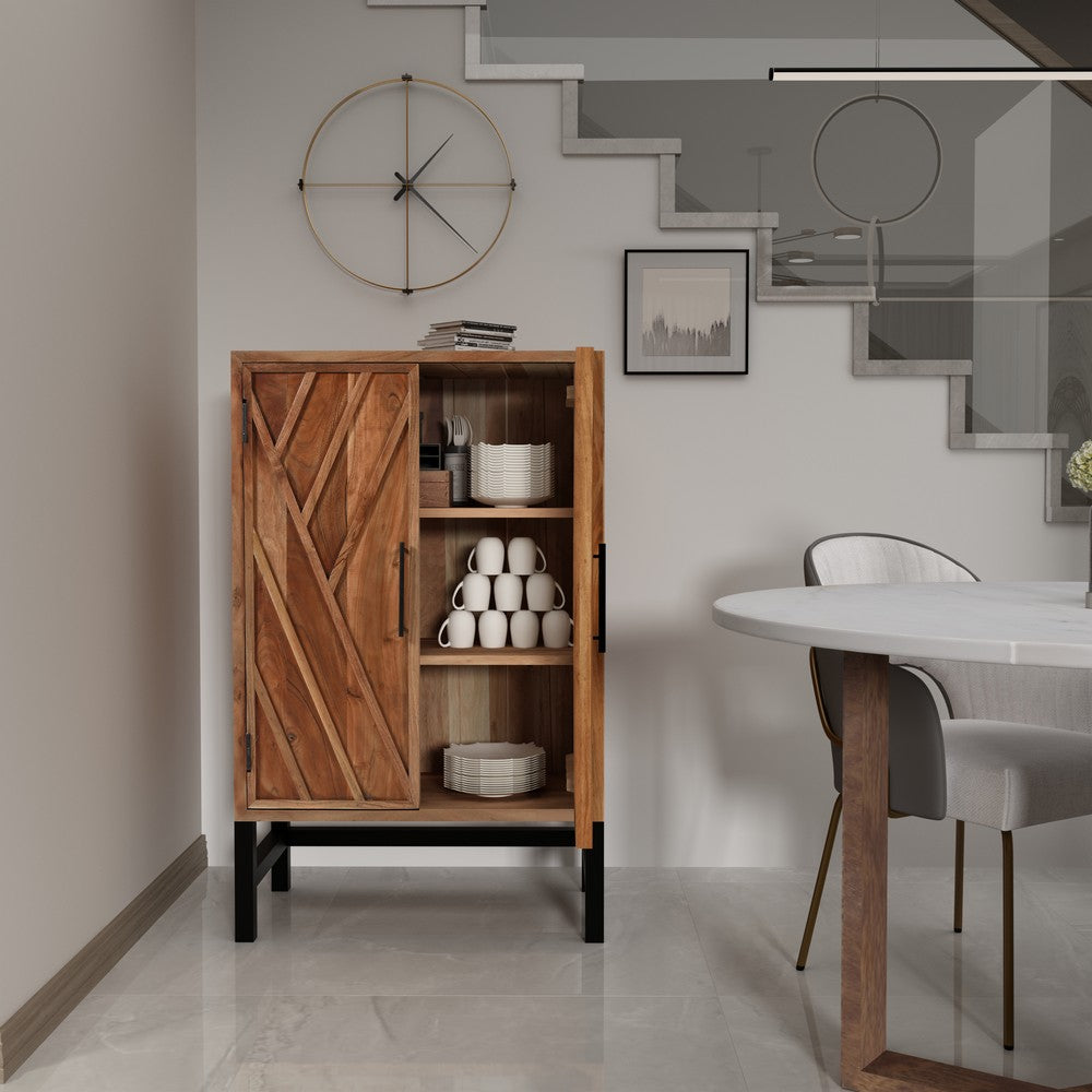 30 Inch Storage Cabinet, Handcrafted Rustic Brown Acacia Wood, Black Iron Legs - UPT-301723