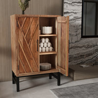 30 Inch Cabinet Storage Console, Handcrafted Rustic Brown Acacia Wood, Black Iron Legs - UPT-301723