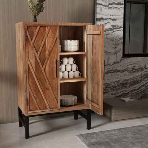30 Inch Storage Cabinet, Handcrafted Rustic Brown Acacia Wood, Black Iron Legs - UPT-301723