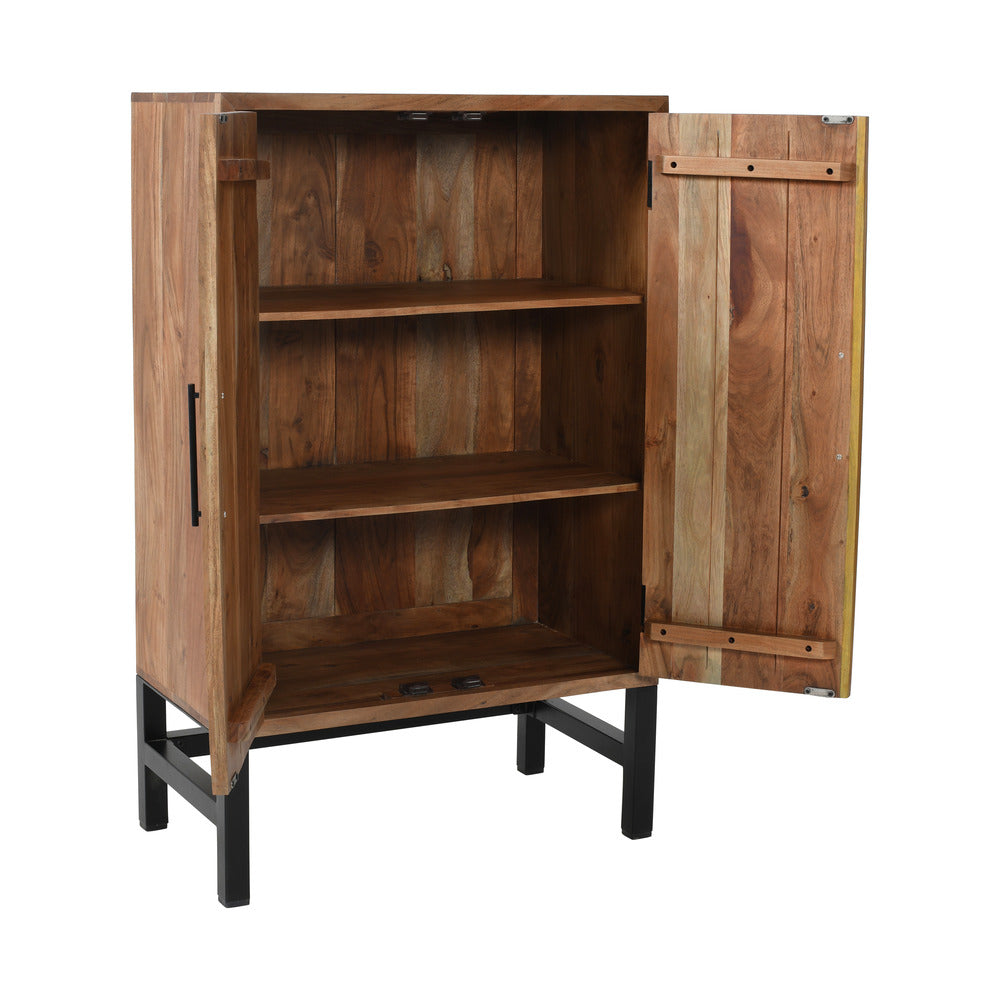 30 Inch Cabinet Storage Console, Handcrafted Rustic Brown Acacia Wood, Black Iron Legs - UPT-301723