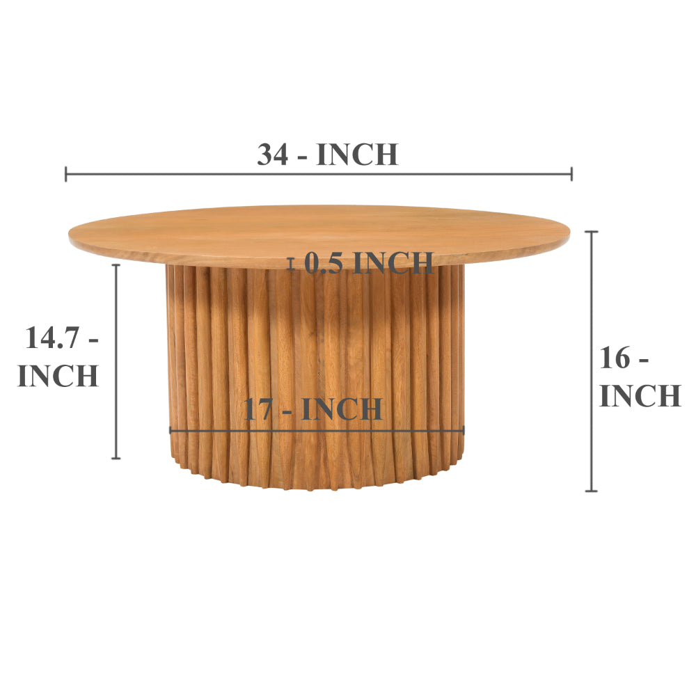 Sejo Coffee Table, 34 Inch Round Top with Fluted Base in Natural Brown Mango Wood - UPT-301724