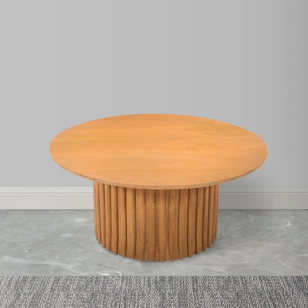 Sejo Coffee Table, 34 Inch Round Top with Fluted Base in Natural Brown Mango Wood - UPT-301724