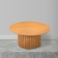 Sejo Coffee Table, 34 Inch Round Top with Fluted Base in Natural Brown Mango Wood - UPT-301724