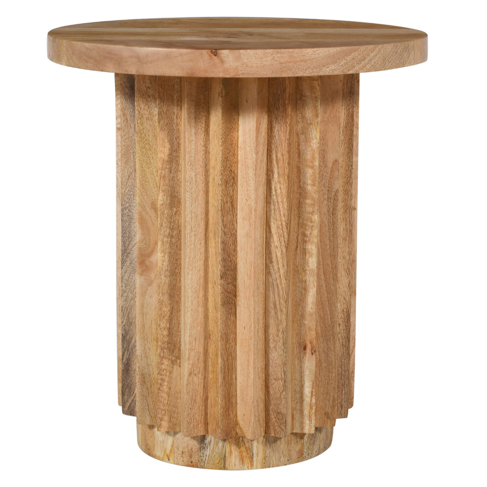 Muna Side End Table, 16" Round Top, Handcrafted Mango Wood Reeded Base, Natural Brown - UPT-301725