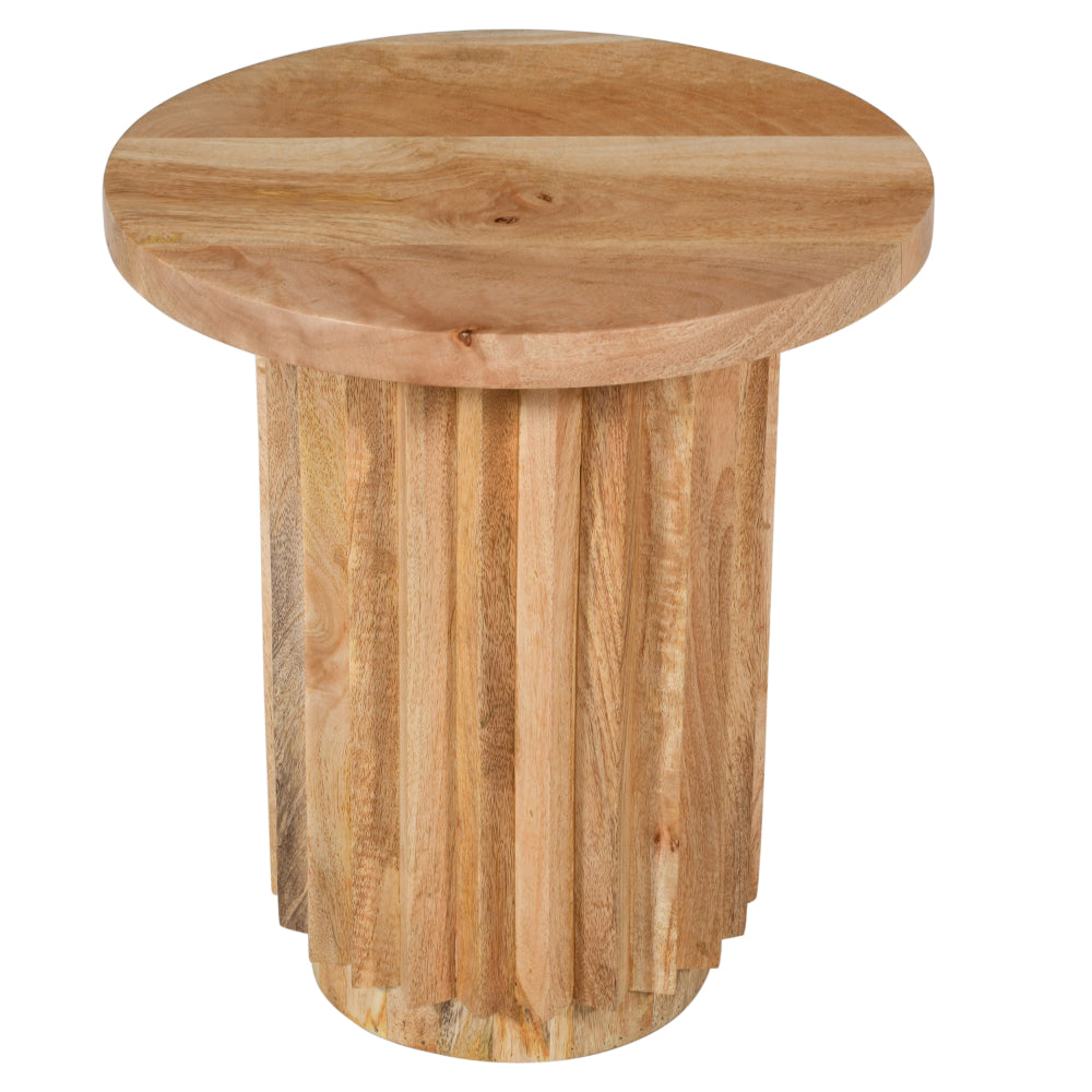 Muna Side End Table, 16" Round Top, Handcrafted Mango Wood Reeded Base, Natural Brown - UPT-301725