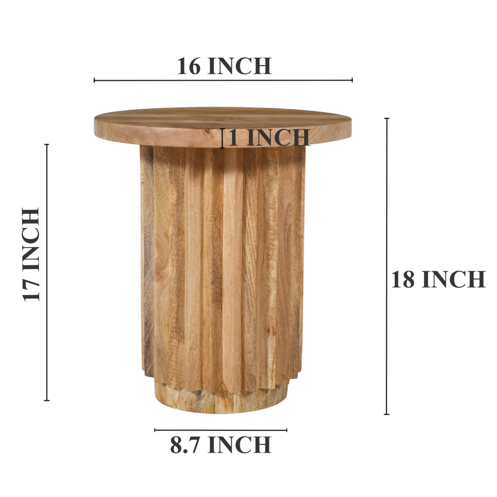 Muna Side End Table, 16" Round Top, Handcrafted Mango Wood Reeded Base, Natural Brown - UPT-301725