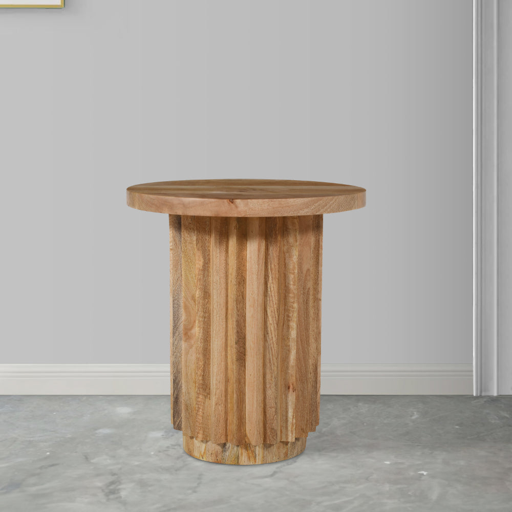 Muna Side End Table, 16" Round Top, Handcrafted Mango Wood Reeded Base, Natural Brown - UPT-301725