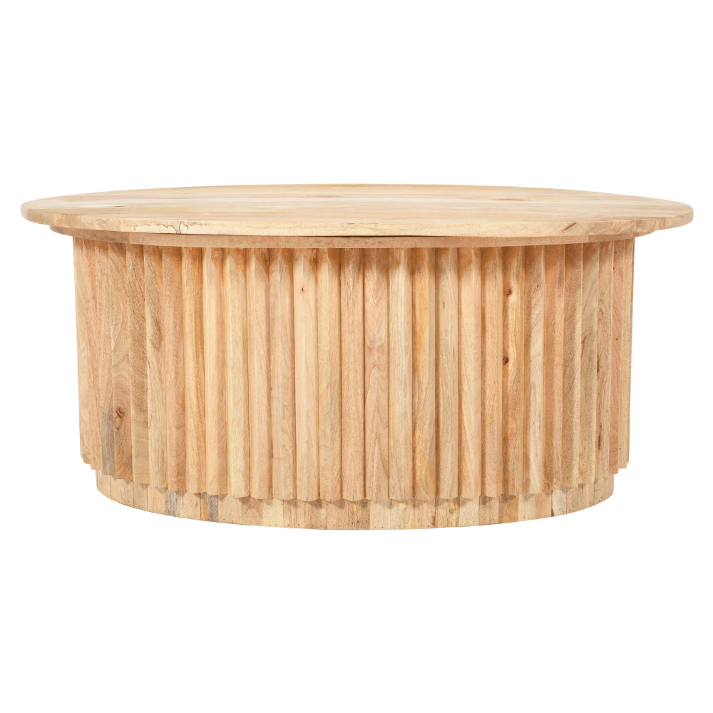 Muna Coffee Table, 36 Inch Oval Top, Handcrafted Mango Wood, Reeded Base with Hidden Storage, Natural Brown - UPT-301726