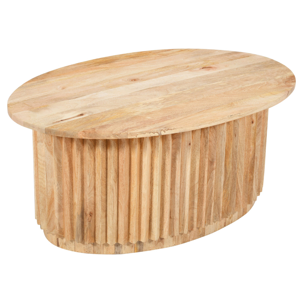 Muna Coffee Table, 36 Inch Oval Top, Handcrafted Mango Wood, Reeded Base with Hidden Storage, Natural Brown - UPT-301726