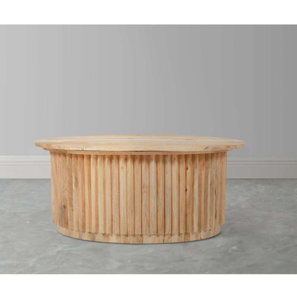 Muna Coffee Table, 36 Inch Oval Top, Handcrafted Mango Wood, Reeded Base with Hidden Storage, Natural Brown - UPT-301726