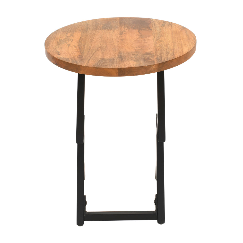 23 Inch Side End Table, Natural Brown Round Wood Top, Modern Black Angled Iron Legs - UPT-301727