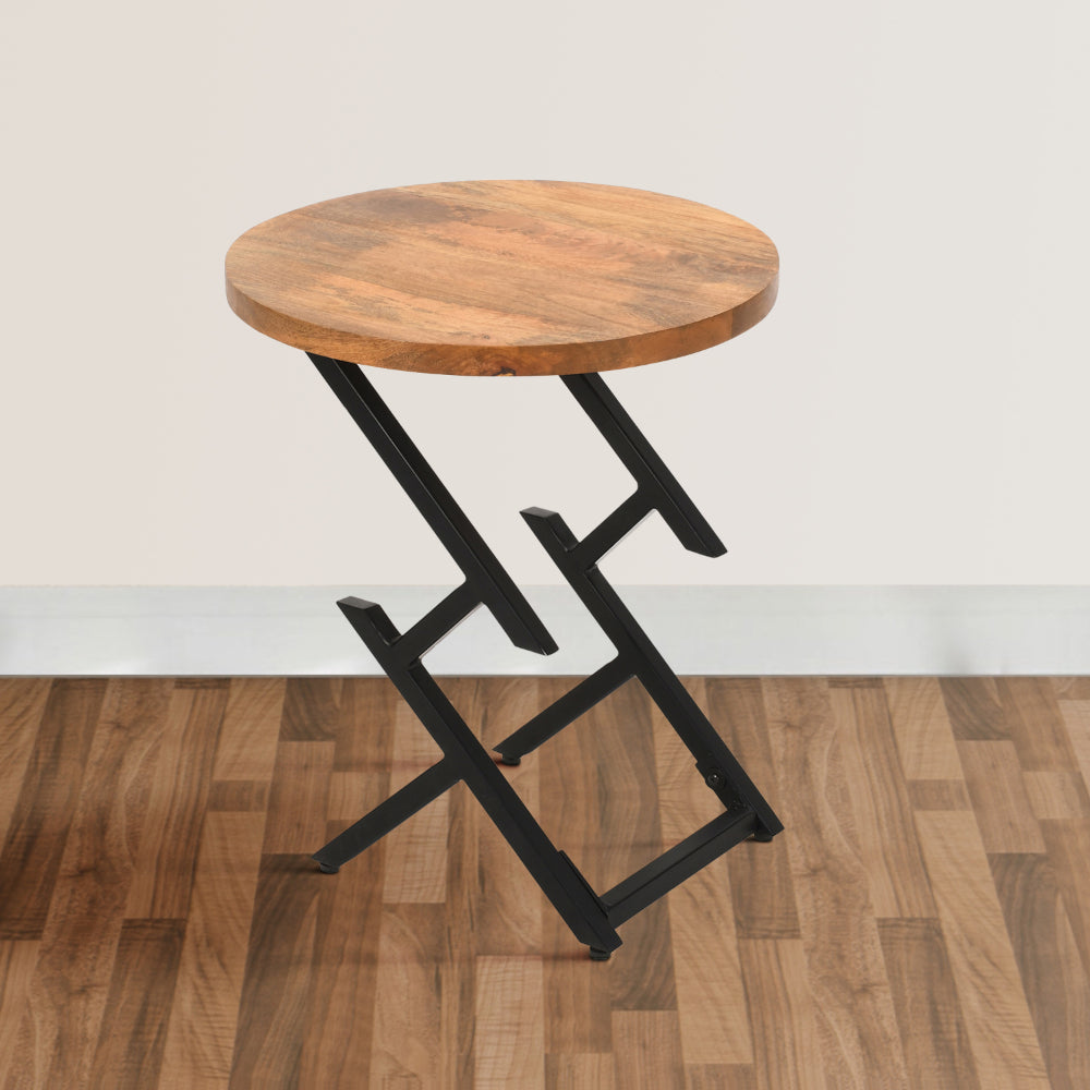 23 Inch Side End Table, Natural Brown Round Wood Top, Modern Black Angled Iron Legs - UPT-301727