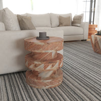 18 Inch Side End Table, Farmhouse Style Natural Brown Acacia Wood, Modern Stacked Drum Design - UPT-301728