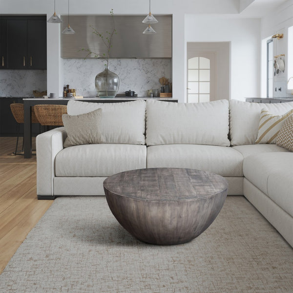 36 Inch Round Coffee Table, Handcrafted Drum Shape, Mango Wood with Olive Gray Finish -UPT-302027