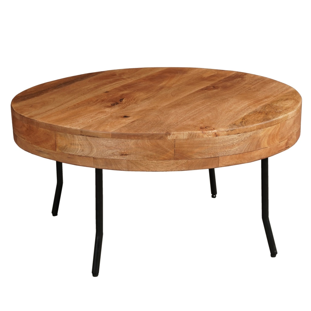 32 Inch Coffee Table, Handcrafted Mango Wood Round Top, Black Metal Angled Legs - UPT-302028