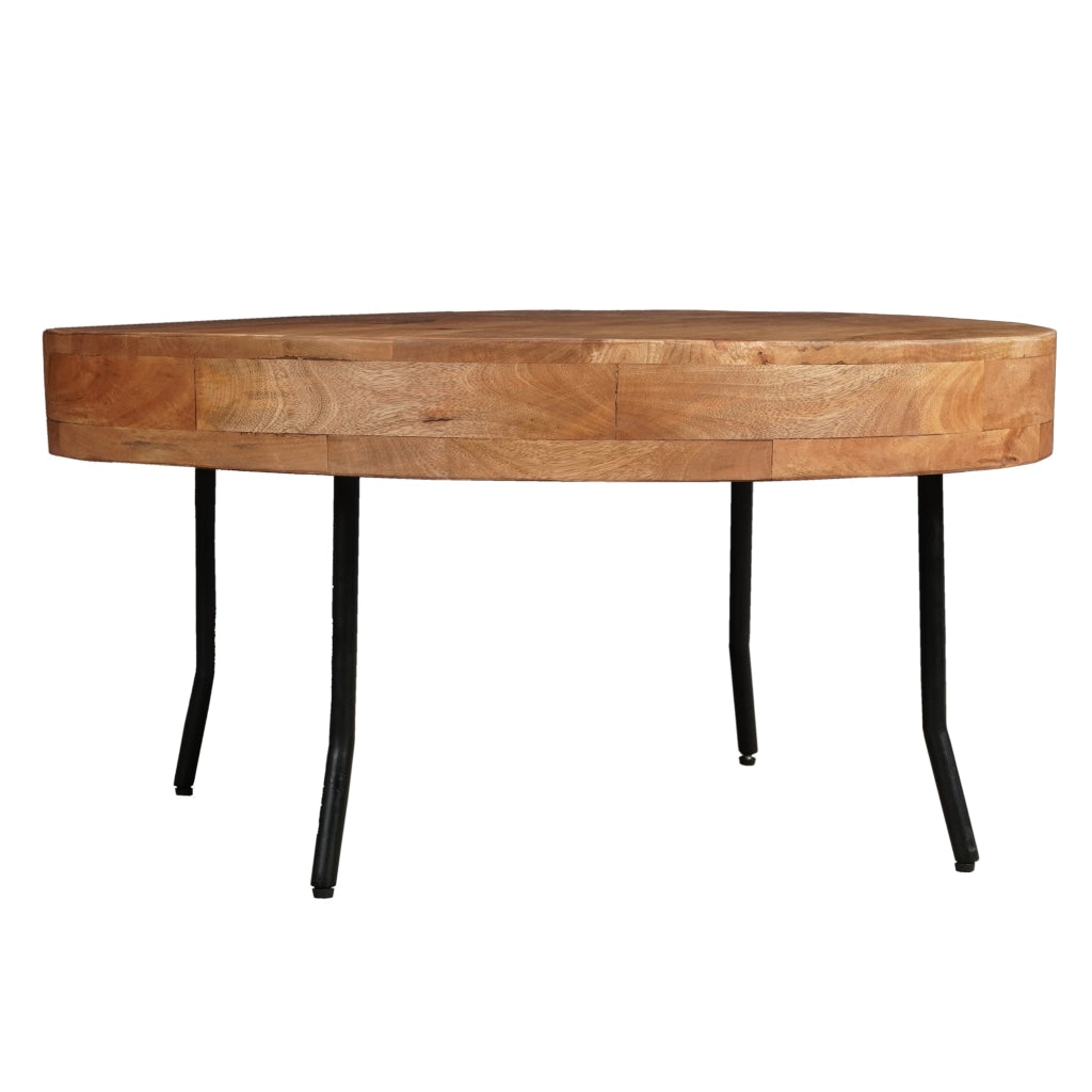 32 Inch Coffee Table, Handcrafted Mango Wood Round Top, Black Metal Angled Legs - UPT-302028