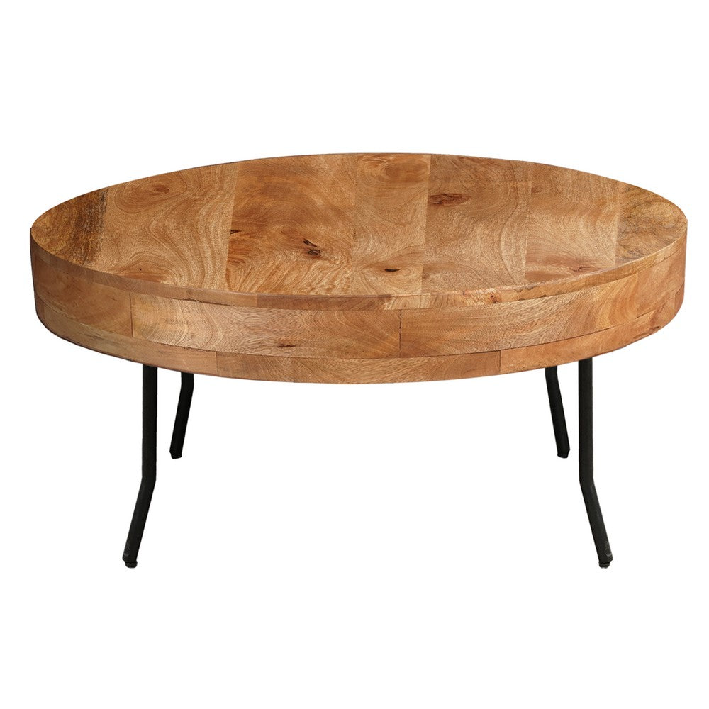 32 Inch Coffee Table, Handcrafted Mango Wood Round Top, Black Metal Angled Legs - UPT-302028
