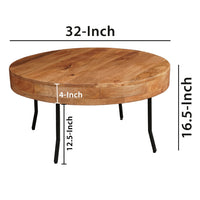 32 Inch Coffee Table, Handcrafted Mango Wood Round Top, Black Metal Angled Legs - UPT-302028