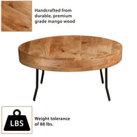 32 Inch Coffee Table, Handcrafted Mango Wood Round Top, Black Metal Angled Legs - UPT-302028