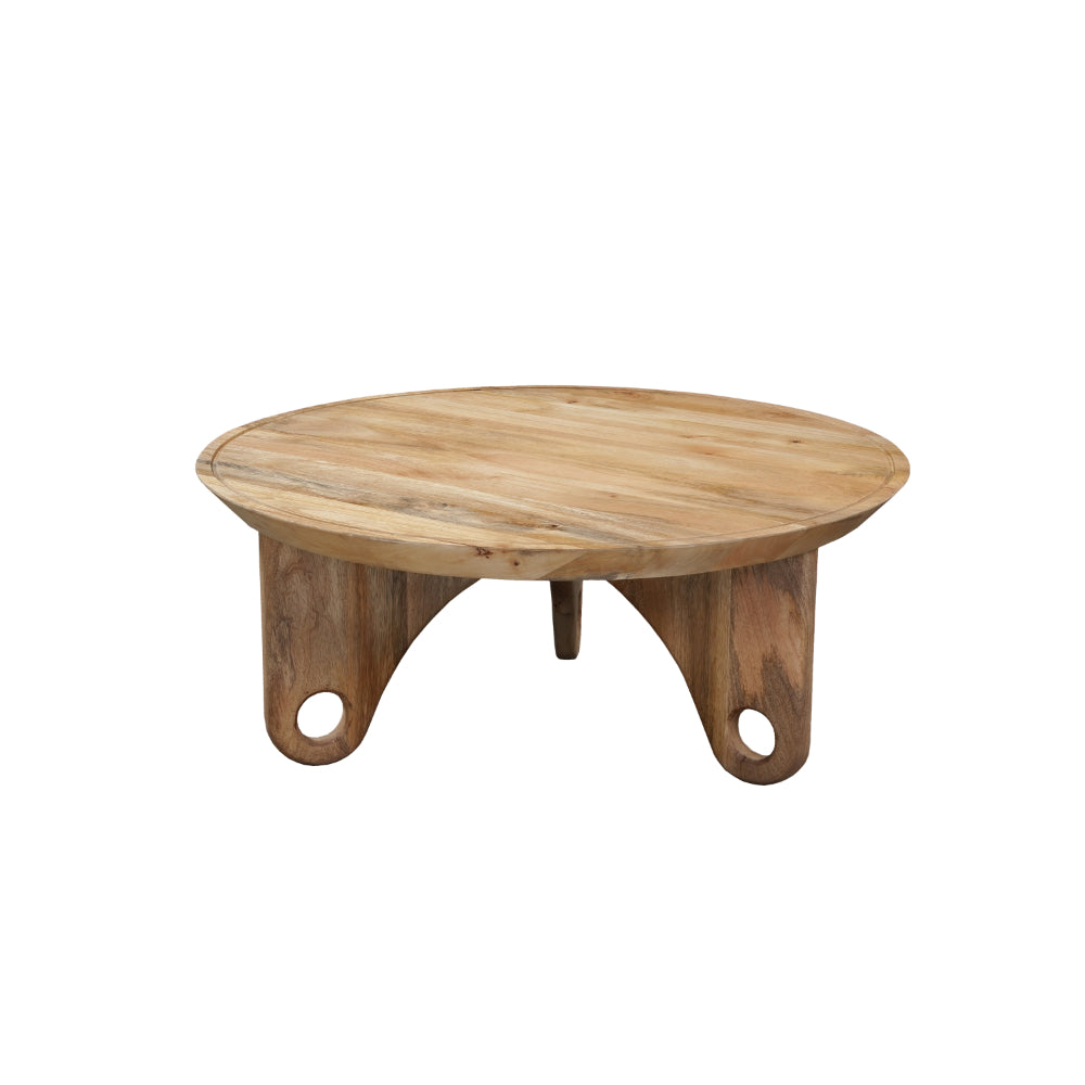 36 Inch Round Coffee Table, Handcrafted Grooved Edge Top, Natural Brown Mango Wood - UPT-302030