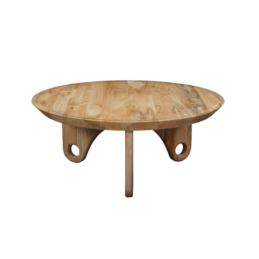 36 Inch Round Coffee Table, Handcrafted Grooved Edge Top, Natural Brown Mango Wood - UPT-302030