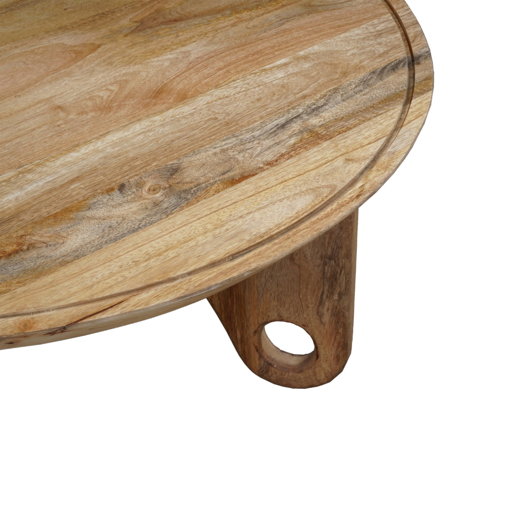 36 Inch Round Coffee Table, Handcrafted Grooved Edge Top, Natural Brown Mango Wood - UPT-302030