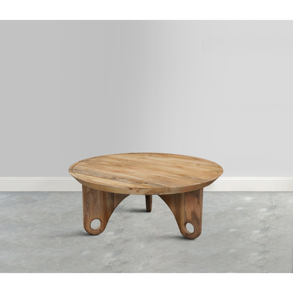 36 Inch Round Coffee Table, Handcrafted Grooved Edge Top, Natural Brown Mango Wood - UPT-302030