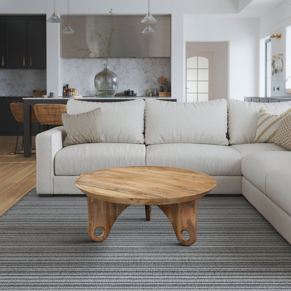 36 Inch Round Coffee Table, Handcrafted Grooved Edge Top, Natural Brown Mango Wood - UPT-302030