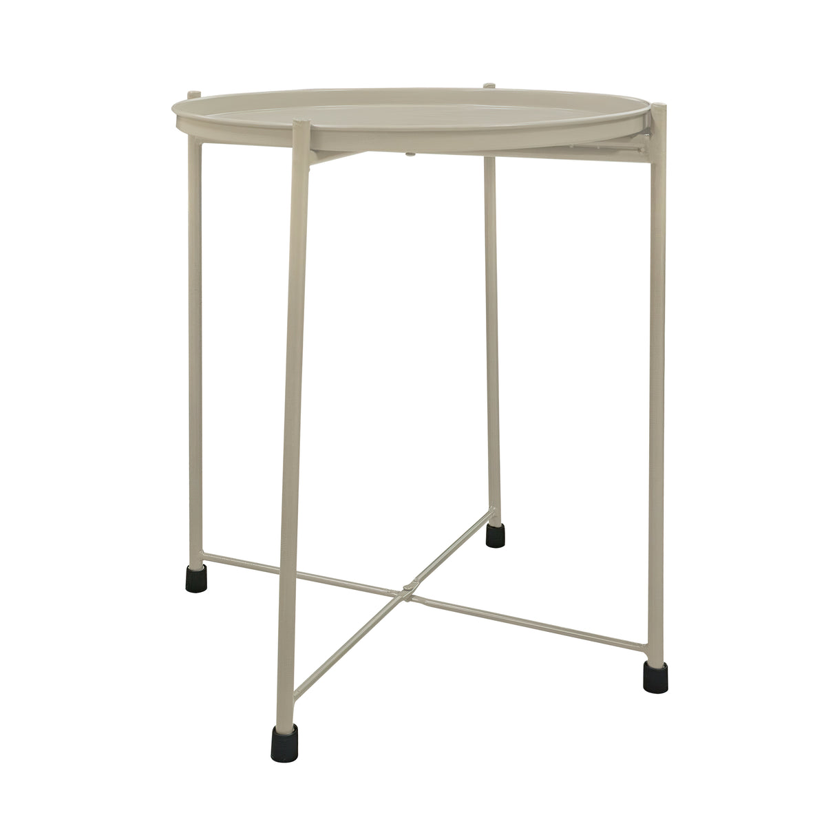 18 Inch Modern Side End Table, Round Metal Tray Top, Foldable Legs, Beige - UPT-302378