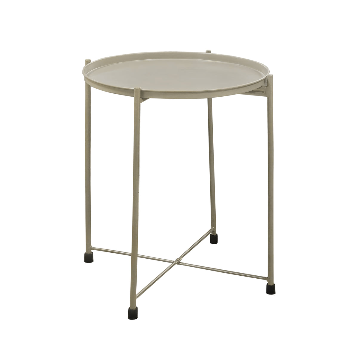 18 Inch Modern Side End Table, Round Metal Tray Top, Foldable Legs, Beige - UPT-302378