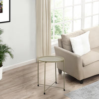 18 Inch Modern Side End Table, Round Metal Tray Top, Foldable Legs, Beige - UPT-302378