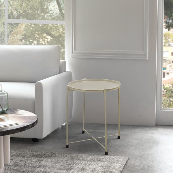18 Inch Modern Side End Table, Round Metal Tray Top, Foldable Legs, Beige - UPT-302378