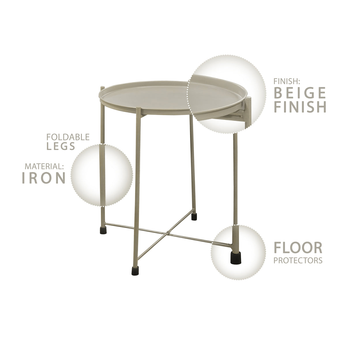 18 Inch Modern Side End Table, Round Metal Tray Top, Foldable Legs, Beige - UPT-302378