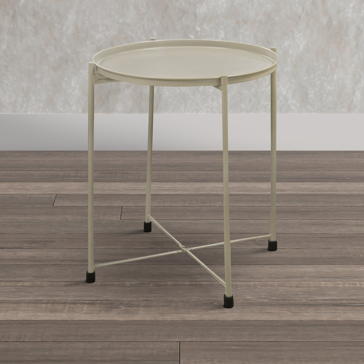 18 Inch Modern Side End Table, Round Metal Tray Top, Foldable Legs, Beige - UPT-302378