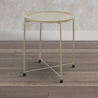 18 Inch Modern Side End Table, Round Metal Tray Top, Foldable Legs, Beige - UPT-302378