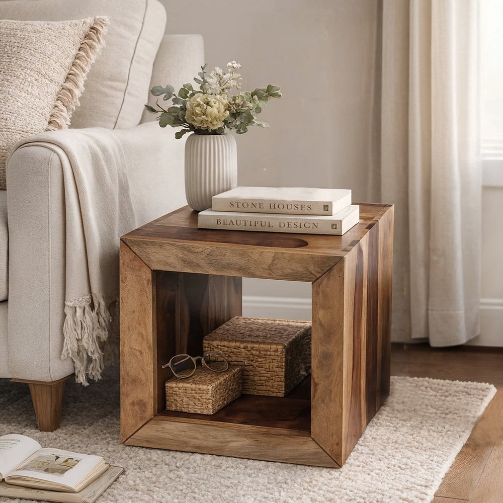 16 Inch Cube Shape Rosewood Side Table With Cutout Bottom, Brown - UPT‐30350