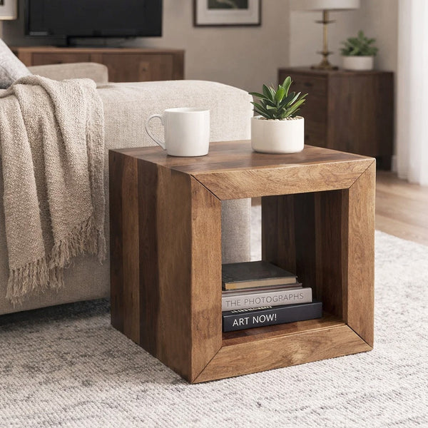 16 Inch Cube Shape Rosewood Side Table With Cutout Bottom, Brown - UPT‐30350