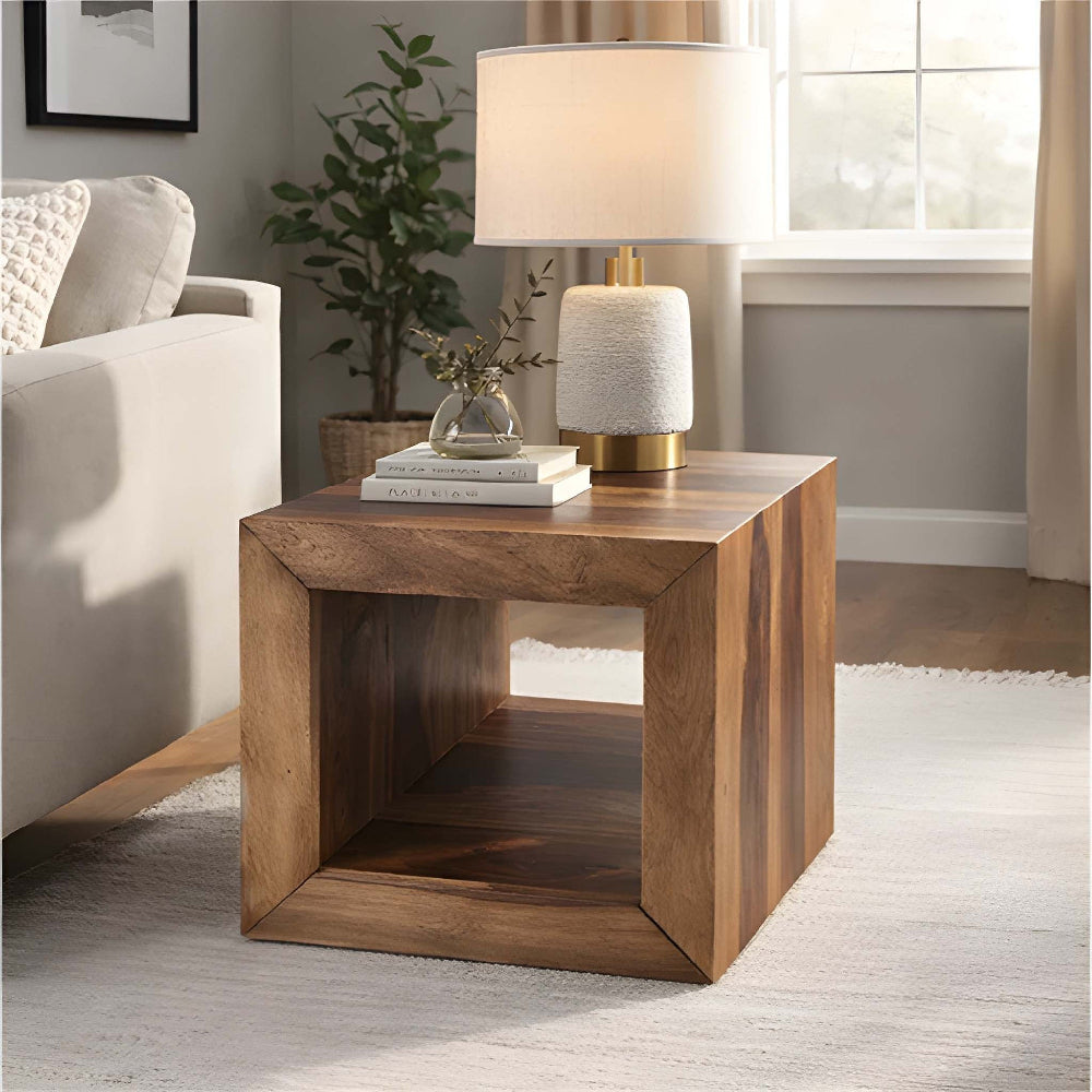 16 Inch Cube Shape Rosewood Side Table With Cutout Bottom, Brown - UPT‐30350