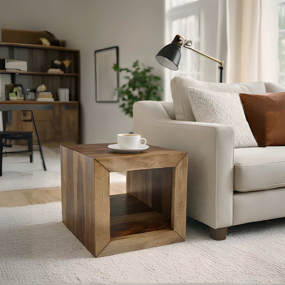 16 Inch Cube Shape Rosewood Side Table With Cutout Bottom, Brown - UPT‐30350