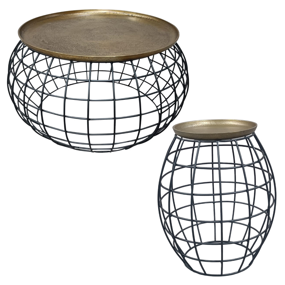 2 Piece Coffee Table and End table Set, Round Antique Brass Tray Top, Curved Cage Design Black Iron Base - UPT-310004