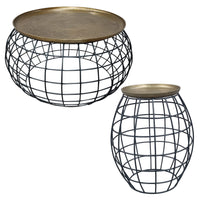 2 Piece Coffee Table and End table Set, Round Antique Brass Tray Top, Curved Cage Design Black Iron Base - UPT-310004