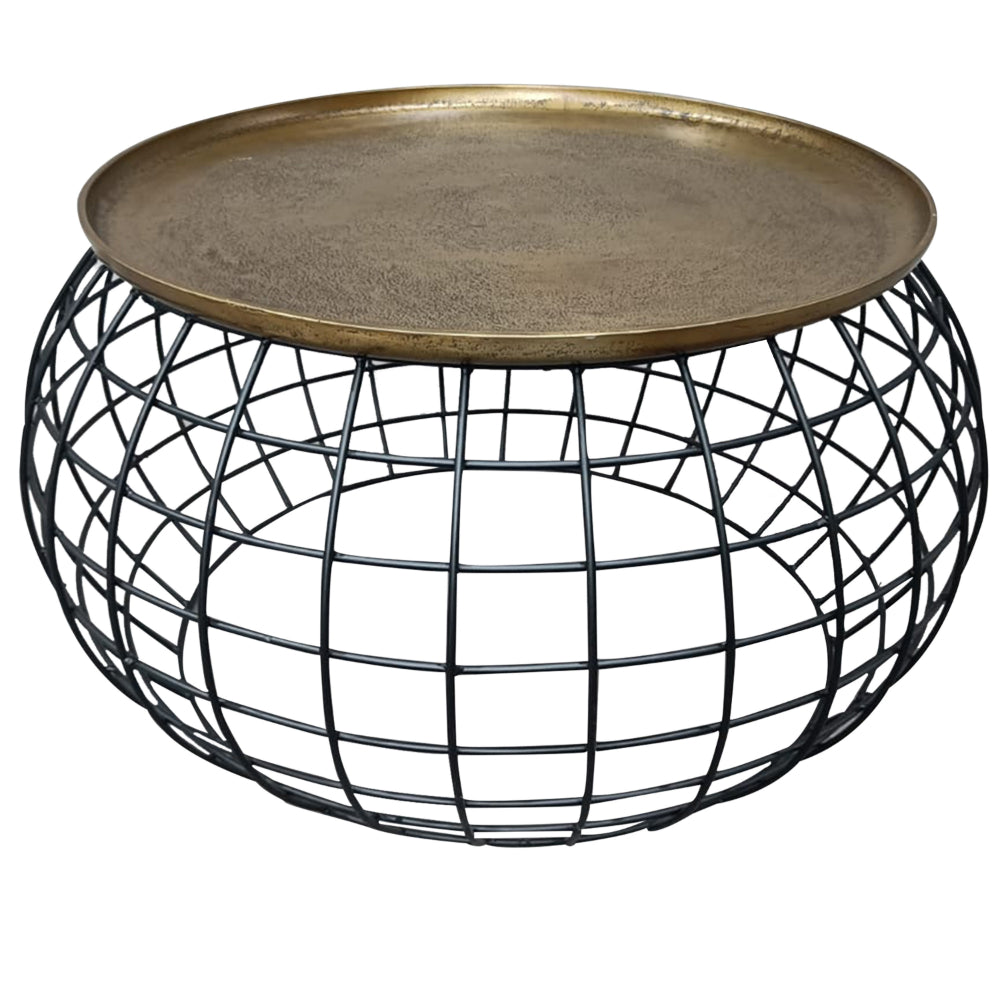 2 Piece Coffee Table and End table Set, Round Antique Brass Tray Top, Curved Cage Design Black Iron Base - UPT-310004