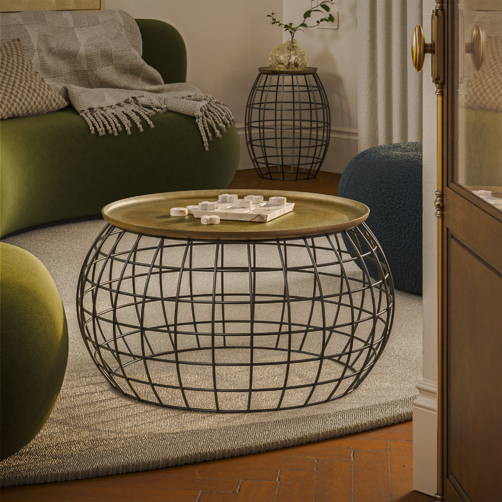 2 Piece Coffee Table and End table Set, Round Antique Brass Tray Top, Curved Cage Design Black Iron Base - UPT-310004