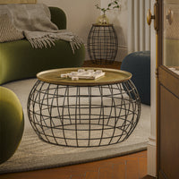 2 Piece Coffee Table and End table Set, Round Antique Brass Tray Top, Curved Cage Design Black Iron Base - UPT-310004